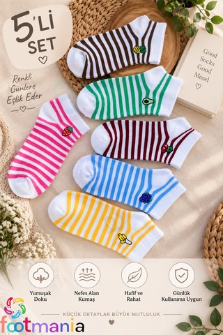 Footmania 5 Çift Kadın Nakışlı Meyve Desenli Çorap Seti Extra Soft Çok Renkli