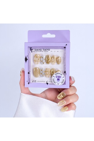 Takma Tırnak Sarı Nail Art Kısa Oval 10'lu Tekrar Kullanılabilir El Yapımı Protez Takma Tırnak Ekov3031 S