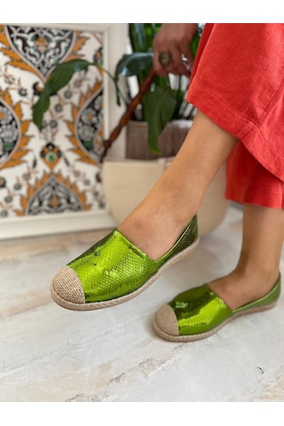 Günlük Kadın Metalik Hasır Detaylı Kadın Espadril Yeşil