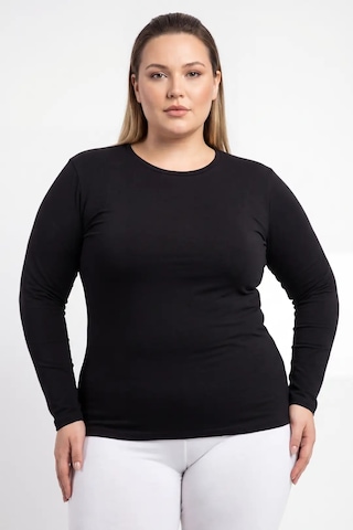 Hadpols Premium Düz Renk Tekstil Stil Kadın Büyük Beden Bisiklet Yaka Uzun Kollu Body siyah