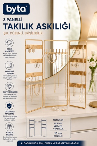 3 Panelli Takılık Askılığı Katlanabilir Metal Takı Düzenleyici Stand Altın