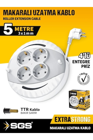 Sgs Saklı Kablolu Makaralı Uzatma Kablosu 3x1 - 4 Priz - 5 Mt. 5 M