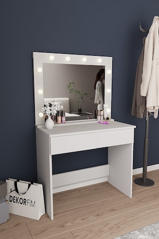 Dekorfim DF02108B LED Işıklı Aynalı Holywood Makyaj Masası, Bölmeli Çekmeceli Organizer Kozmetik Masası