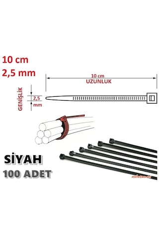 100 Adet 10cmx2.5mm Siyah Plastik Cırt Kelepçe Kablo Bağı