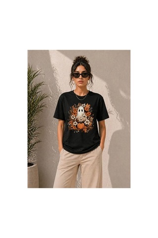 Butik İstanbul Balkabağı Hayalet Baskılı Tişört Kısa Kol Yazlık T-shirt - Siyah