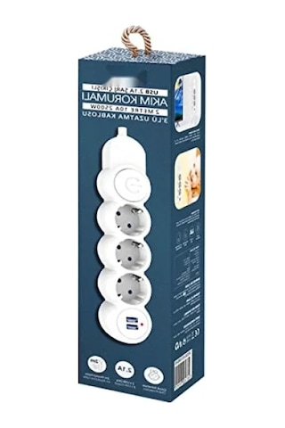 Çocuk Koruma Özellikli, Termal Akım Korumalı 3'lü Priz, 2xusb, 2m Kablo 0