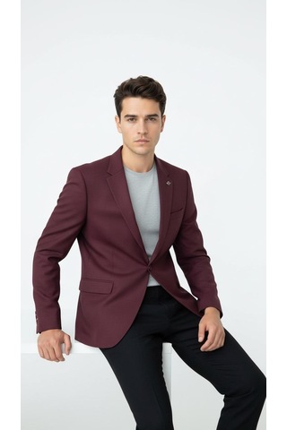 Plus Scorpion Bordo Erkek Tek Düğmeli Blazer Ceket Dokulu Kumaş, Çift Yırtmaçlı Şık Tasarım Bordo