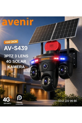 Avenir Solar Güvenlik Kamerası Tek Panel, 3 Lensli