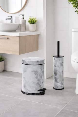 Beyaz Mermer Desenli 2'li Banyo Seti - Metal Çöp Kovası 3 Lt Ve Wc Fırçası Takımı Beyaz