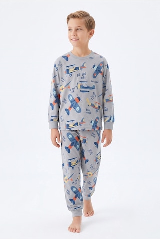 Bunny Hopp Erkek Çocuk Uzun Kollu Pijama Takımı %100 Pamuk Vintage Uçak Desenli Penye Gri