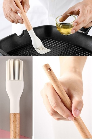 Qerhome Silikon Fırça Bambu Saplı Silikon Yumurta Fırçası Kremrengi 1 Adet