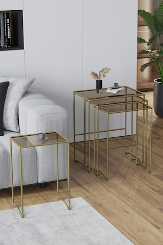Faymend Mimoza 4 Lü Zigon Sehpa, Metal Sehpa, Cam Sehpa 'gold - Bronz' Eskitme Gold - Bronz Cam