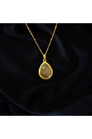 Doğal Rutil Kuvars Taşlı Damla Formlu Gold Çerçeveli Çelik Toplu Zincirli Kolye Siyah Gri
