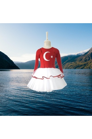 Türk Bayraklı Milli Bayramlar 6-7 Yaş Beyaz Tütülü Kırmızı Beyaz Kostüm