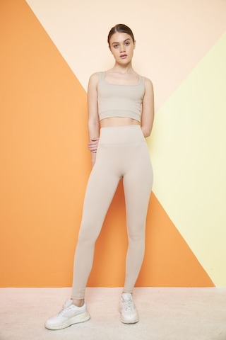 Thıff Gymwear Haki Yüksek Bel Fitilli Toparlayıcı Interlok Örme Spor Dar Paça Kadın Tayt Bej