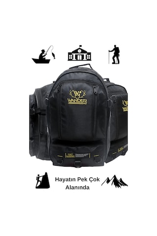 571 Collections Meschaın Wander 50 Lt Su Geçirmez Kumaş Trekking Yarı Dağcı Seyahat Avcı Kampcı Bisiklet Yürüyüş Körüksüz Sırt Çanta Siyah Açık Altın