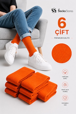 Socks Stores 6 Çift Unisex Renkli Pamuklu Soket Çorap - Renkli Tenis Boy Çorap Turuncu