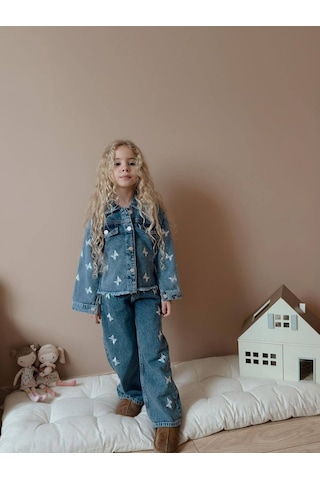 Miniko Kids Kız Çocuk Kelebek Modelli Kot Ceketli Takım Mavi