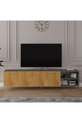 Asra Trend Tv Ünitesi T-22 %100 MDF 200 cm Büyük Boy Tv Sehpası Dolaplı Raflı Petra-Koyu Gri