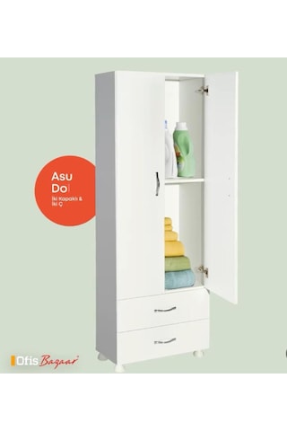 Çok Amaçlı Banyo Dolabı - 2 Kapaklı , 2 Çekmekceli Dolap Beyaz
