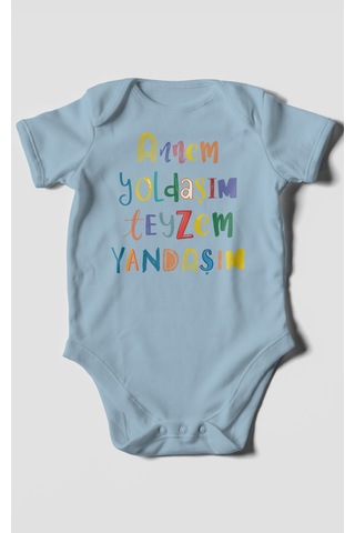 Annem Yoldaşım Teyzem Yandaşım Baskılı Bebek Zıbını Çıtçıtlı Body %100 Pamuk Kısa Kol Bebe Mavisi