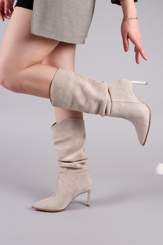Arlon Büzgülü Çekme Topuklu Çizme Bej-8560 Bej