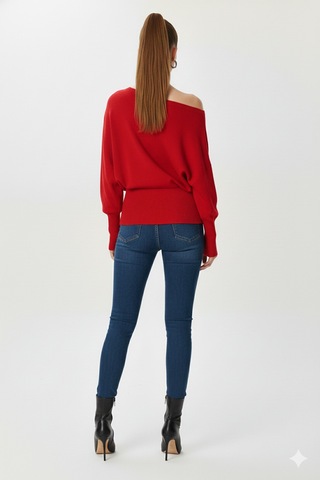 Fiolin Omuzu Açık Off Shoulder Triko Kazak Kırmızı