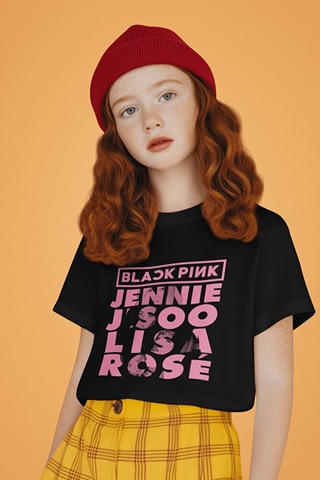 Sevbano Blackpink Müzik Grubu Baskılı Unisex Çocuk Tişört 1-12 Yaş Siyah