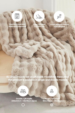 Kürk Yatak Örtüsü Seti Tek Kişilik Peluş Yumuşak Yorgan Wellsoft 2 Parça Loria Bej