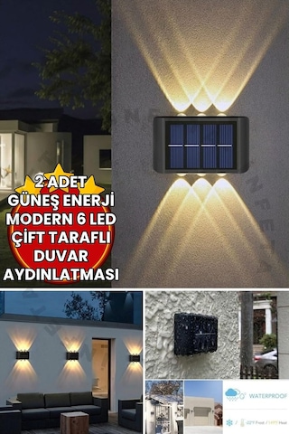 2 Adet - Modern 6 Ledli Solar Çift Taraflı Aplik Güneş Enerjili Duvar Aydınlatma Lambası Gün Işığı Diğer