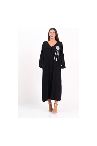 Keyifli Moda Kadın Siyah V Yaka Sırtı Ve Göğsü Tüy Nakışlı Cepli Oversize Uzun Gömlek Elbise - Sıyah Siyah