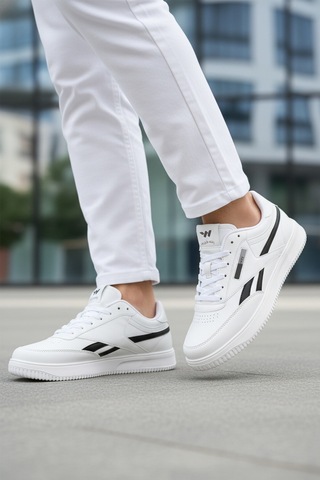 Beyaz Siyah Bağcıklı Hafif Cilt Erkek Spor Ayakkabı Marlow M Beyaz - Siyah