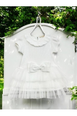 Zekids Kız Çocuk Fitilli Tütülü Elbise-14525 Beyaz