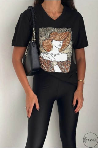 Cassime Kadın Siyah Büyük Beden Şapkalı Kadın Pul Payet İşlemeli %100 Pamuk Tişört Xl-2xl-3xl
