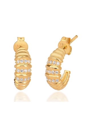 Zirkon Taşlı Pırlanta Montür Altın Kaplama Boğumlu Gümüş Küpe