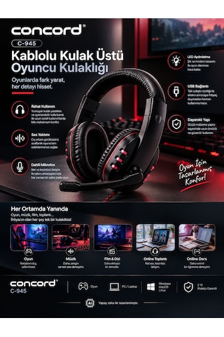 Concord C-945 Kablolu Kulak Üstü Oyuncu Kulaklığı Usb Led Aydınlatmalı Mikrofonlu Gaming Kulaklık