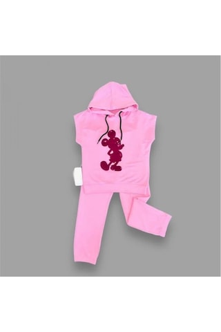 Pekminibebe 3-4-5 Yaş Kapşonlu Payetli Mickey Desenli Kısa Kol 2li Kız Erkek Çocuk Takımı Pembe