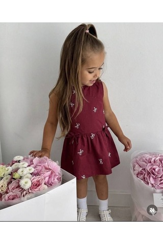 Noble Kids Kız Çocuk Kurdele Nakışlı Pamuklu Elbise Bordo