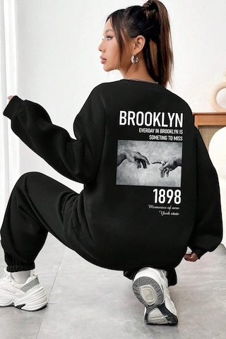 Uyguntarz Unisex 1898 Baskılı Bisiklet Yaka Eşofman Takımı Siyah