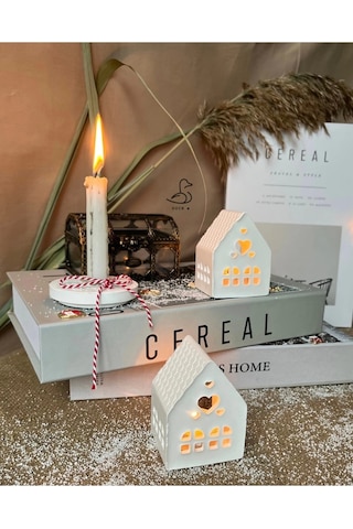 Çukur Kalp Ev Şeklinde Tealight Mumluk 2 Li 10-8 Cm Beyaz