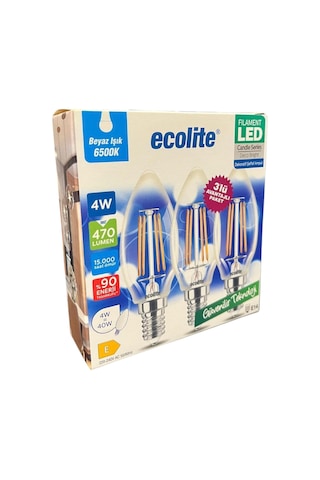 Ecolite 4w Led Filament Mum Ampul, E14 Duy, 6500k Beyaz Işık, 470 Lümen, Şeffaf Cam, Akkor Görünümlü Dekoratif L Diğer