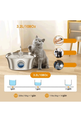 Ecronicword Paslanmaz Çelik Evcil Hayvan İçme Çeşmesi Kedi Köpek 3.2l W10
