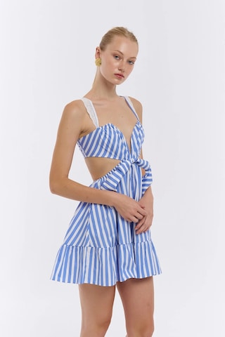 Olla Collection Kurdele Detaylı Çizgili Mini Elbise Mavi Mavi
