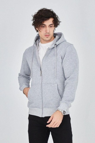 Mbb E-ticaret Erkek 3 İplik Pamuklu Fermuarlı Kapüşonlu Kanguru Cepli Hoodie Hırka Sweatshirt - Gri