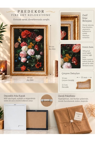 Gold Çerçeveli Varaklı Yağlı Boya Dokulu Şık Salon Tablosu - Hollanda Altın Çağı Sanat Eseri Klasik Vintage Natürmort Dark Floral Dekoratif Duvar Tablosu 50x70 Cm / Çerçeveli 60x80 Cm