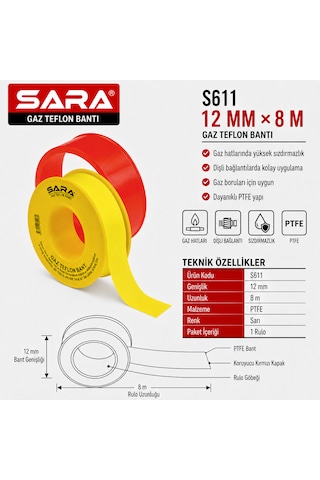 Sara S611 Gaz Teflon Bandı 12 Mm X 8 M, Ptfe, Sarı, 10 Lu Paket