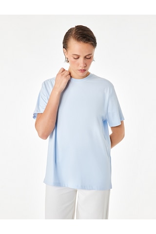 Koton Pamuklu Kısa Kollu Bisiklet Yaka Oversize Basic Tişört Mavi 7wak50007ek