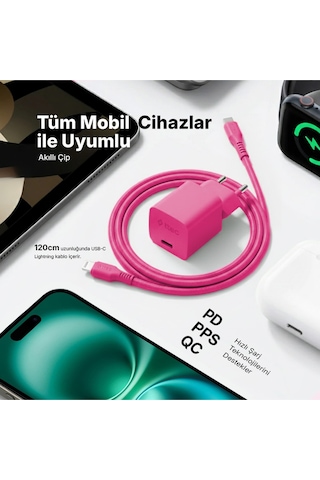 Ttec Smartcharger Gan 20W PD Seyahat Hızlı Şarj Aleti+USB-C-Lightning 120 CM Kablo Neon Pembe