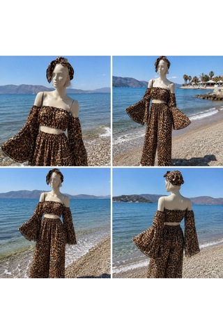 Na Addesıgn Leopar Desenli Şifon 3 Lü Plaj Takımı İspanyol Kol Crop Set Leopar