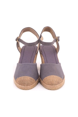 Star Tombis Gerçek Elişi Topuğu Açık Burnu Hasırlı Bilekten Bantlı Dolgu Topuk Keten Hasır Espadril Handmade Gri